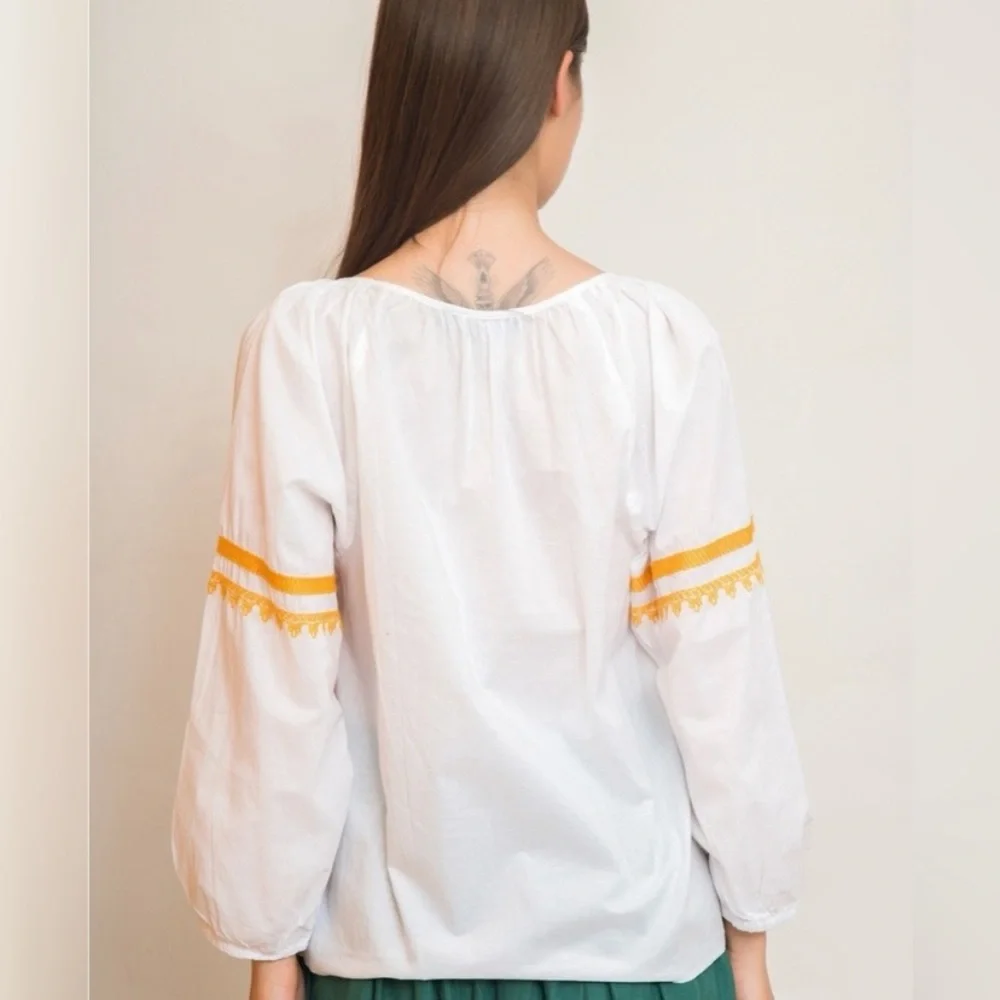 J CREW Raglan Popover white blouse with orange embroidery and 3/4 sleeves size M
